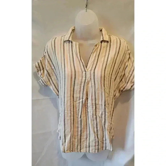 Thread & Supply Linen Retro Striped Shirt, size small, Mocha/beige/pastel orange - Picture 4 of 13